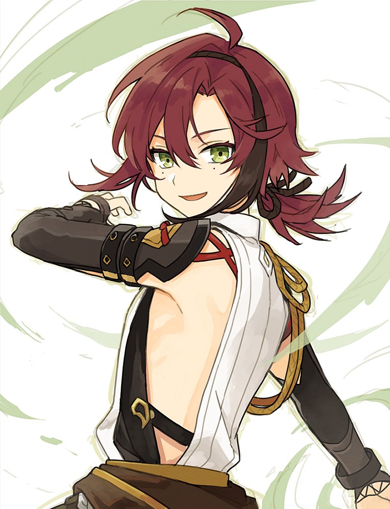 1boy armor brown_hair genshin_impact green_eyes japanese_armor japanese_clothes kote kurokote low_ponytail male_focus mole mole_under_eye multicolored_hair open_mouth redhead shikanoin_heizou shirataki_nako streaked_hair