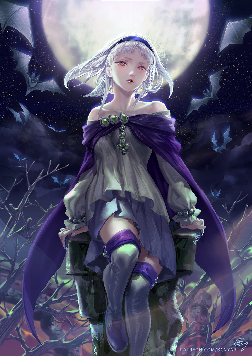 1girl bad_link bat_(animal) blue_hairband brooch cape full_moon gensou_suikoden gensou_suikoden_ii gensou_suikogaiden hairband highres jewelry long_hair moon night parted_bangs red_eyes sierra_mikain solo thigh-highs vampire white_hair