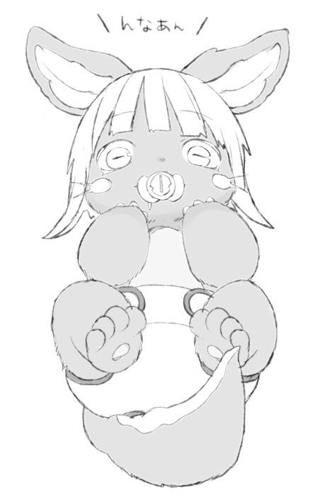 1other animal_ears diaper embarrassed furry hand_on_own_face hands_on_own_cheeks hands_on_own_face legs_up looking_at_viewer lying made_in_abyss monochrome nanachi_(made_in_abyss) non-web_source on_back pacifier rabbit_ears saliva simple_background solo unknownid white_background
