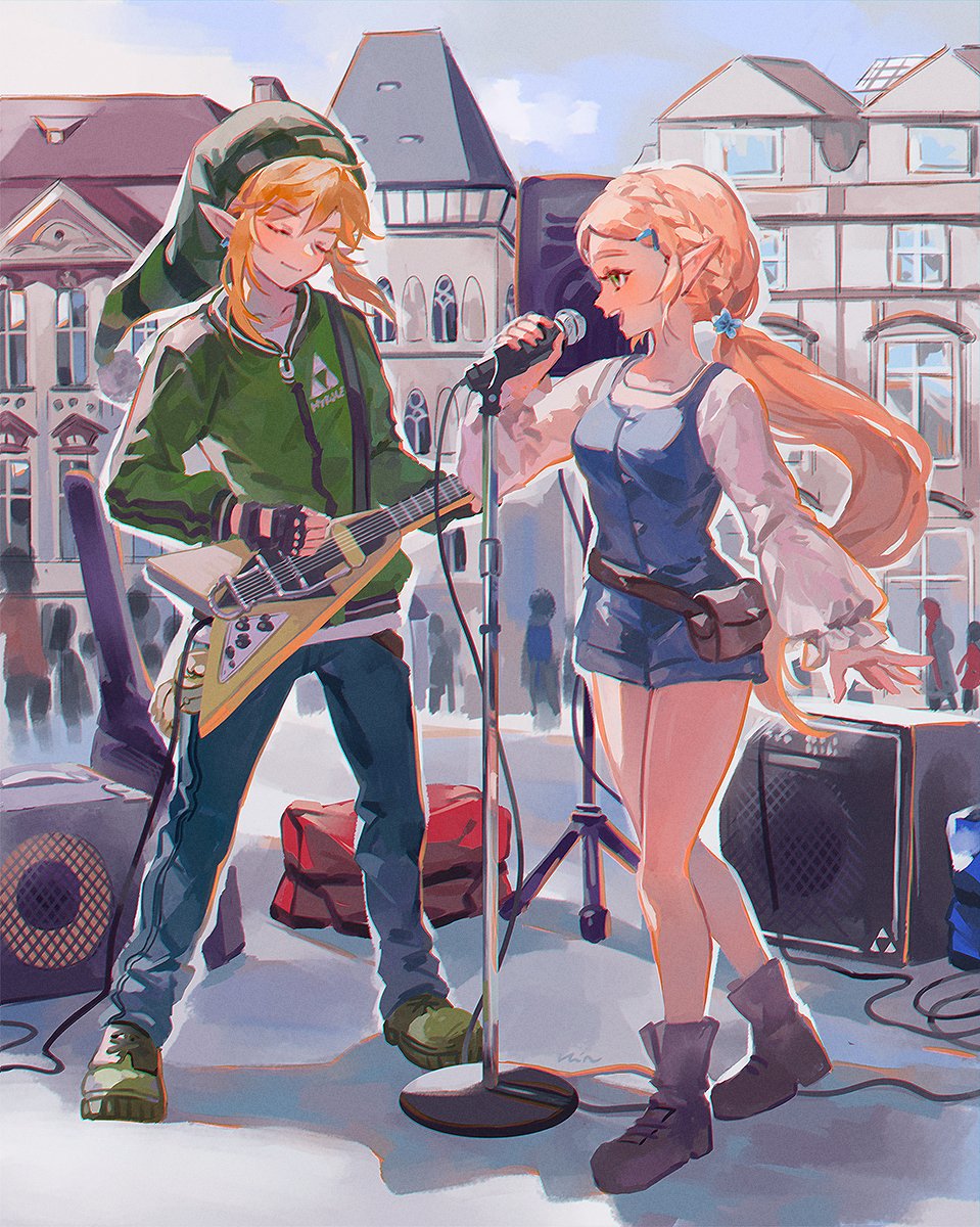 1boy 1girl blonde_hair breasts contemporary day denim green_headwear green_jacket guitar highres holding holding_microphone instrument jacket jeans link long_hair microphone multiple_others open_mouth outdoors pants pointy_ears princess_zelda rain_rkgk short_hair smile speaker the_legend_of_zelda