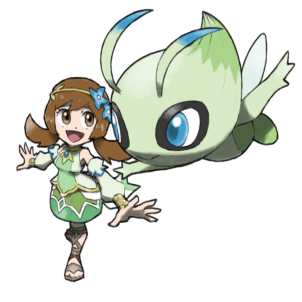 1girl :d bare_shoulders blacknirrow blue_flower blue_gemstone brown_eyes brown_footwear brown_hair celebi detached_sleeves english_commentary flower full_body gem green_skirt green_sleeves long_sleeves lyra_(pokemon) lyra_(sygna_suit)_(pokemon) medium_hair open_mouth pokemon pokemon_(creature) pokemon_(game) pokemon_masters_ex sandals simple_background skirt smile twintails white_background