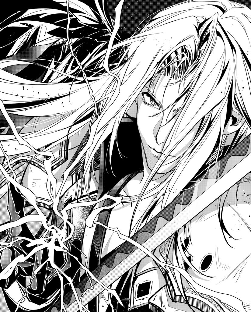 1boy armor bangs black_feathers chest_strap closed_mouth feathers final_fantasy final_fantasy_vii final_fantasy_vii_remake greyscale hair_over_one_eye high_collar katana long_bangs long_hair looking_at_viewer male_focus masamune_(ff7) monochrome open_collar parted_bangs sephiroth shoulder_armor slit_pupils solo sword upper_body weapon yan_river
