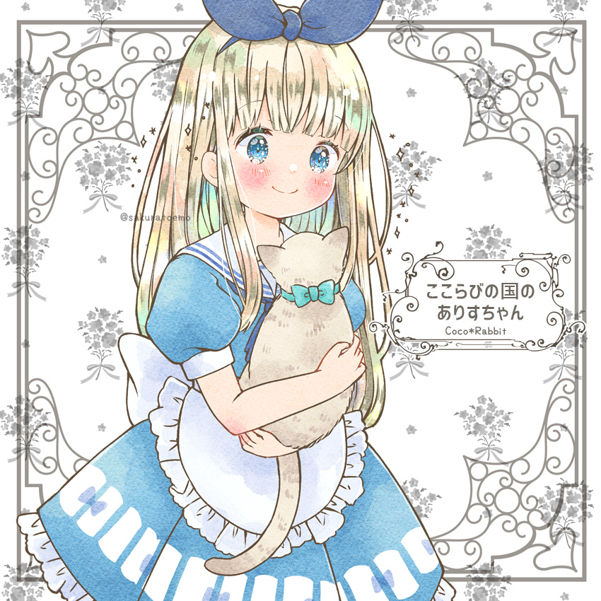 1girl animal apron bangs blue_bow blue_dress blue_eyes blue_ribbon blush bow cat dress emo_(mikan) english_text floral_background frilled_apron frills grey_cat hair_bow holding holding_animal holding_cat light_brown_hair long_hair looking_ahead mixed-language_text original outside_border pastel_colors puffy_short_sleeves puffy_sleeves ribbon sailor_collar sailor_dress short_sleeves sleeve_cuffs smile white_apron white_background white_sailor_collar