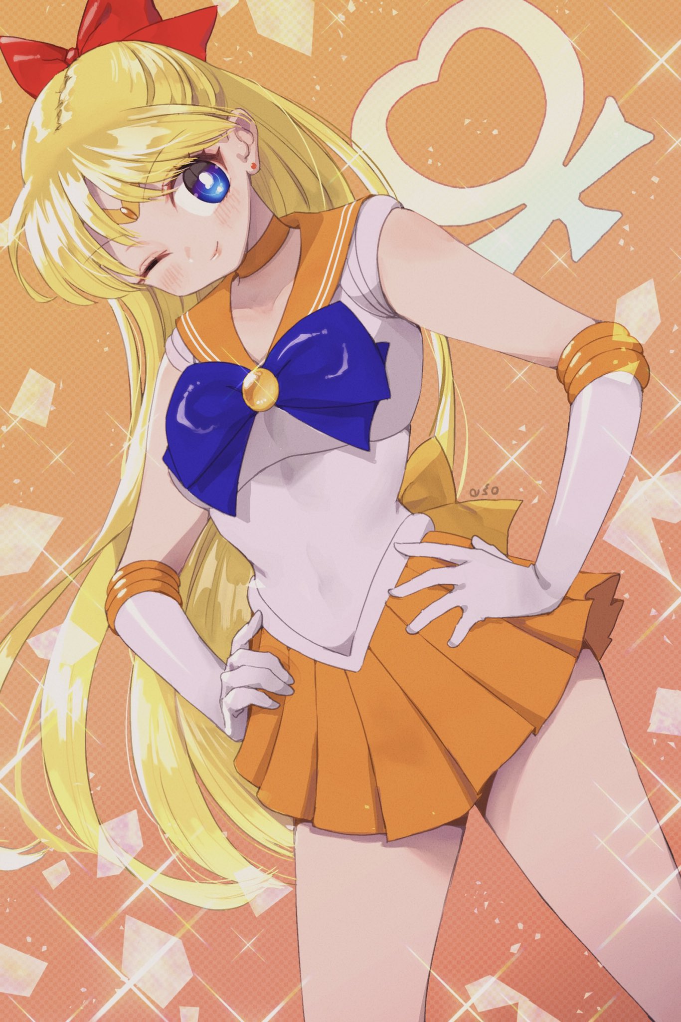 1girl aino_minako back_bow bangs bishoujo_senshi_sailor_moon blonde_hair blue_bow blue_bowtie blue_eyes bow bowtie brooch choker collar earrings elbow_gloves gloves hair_bow highres jewelry long_hair miniskirt one_eye_closed orange_choker orange_collar orange_gemstone orange_skirt pleated_skirt red_bow sailor_venus shirt short_sleeves skirt smile solo stud_earrings thighs tiara venus_symbol white_gloves white_shirt yellow_bow yyemoyy