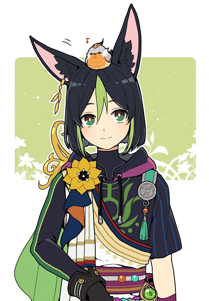 1boy animal animal_ear_fluff animal_ears animal_on_head bird bird_on_head black_hair earrings flower fox_boy fox_ears genshin_impact green_eyes green_hair hood hoodie jewelry male_focus multicolored_hair on_head shirataki_nako smile streaked_hair tighnari_(genshin_impact) yellow_flower