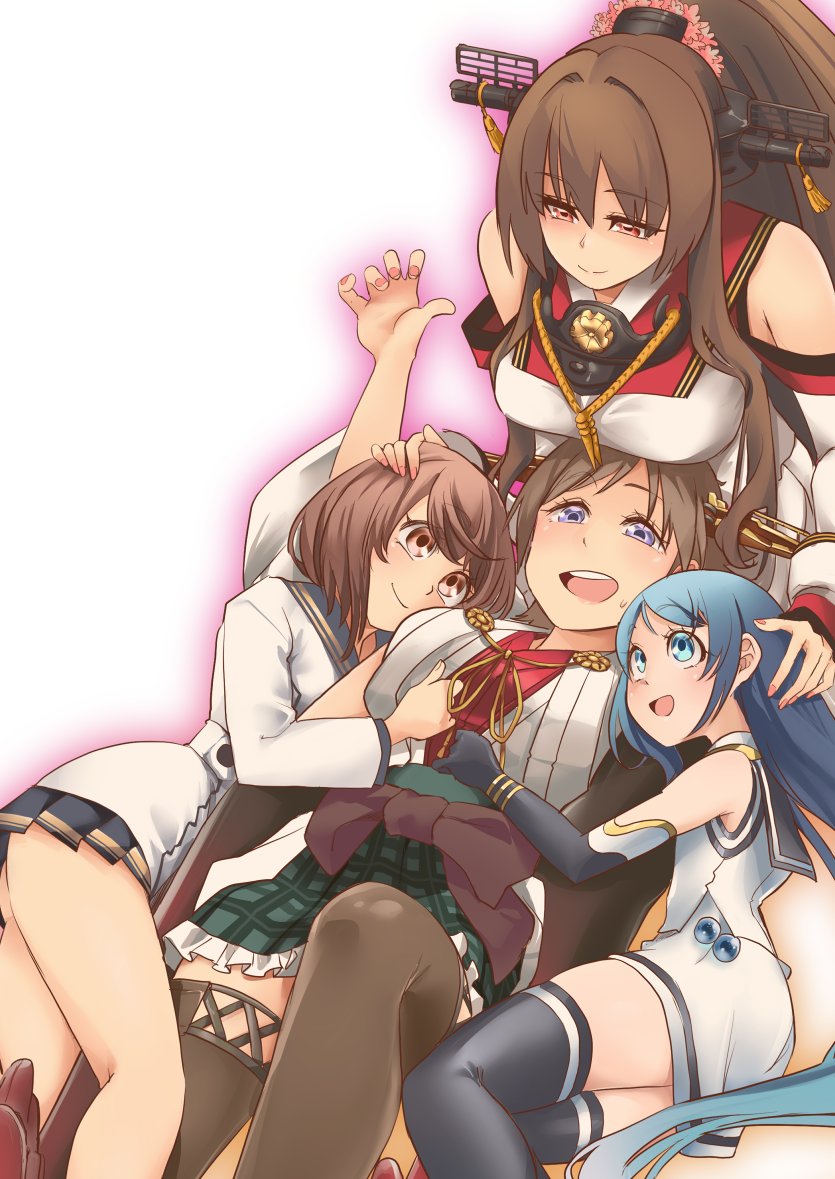 4girls bangs black_sailor_collar black_thighhighs blue_eyes blue_hair breasts brown_eyes brown_hair brown_thighhighs cherry_blossoms detached_sleeves dress flipped_hair flower gradient_hair green_skirt grey_neckerchief hair_flower hair_ornament happy_birthday headgear hiei_(kancolle) hug japanese_clothes kantai_collection large_breasts long_hair multicolored_hair multiple_girls neckerchief plaid plaid_skirt ponytail ribbon-trimmed_sleeves ribbon_trim sailor_collar sailor_dress sakuramon samidare_(kancolle) shirt short_hair simple_background skirt sleeveless sleeveless_shirt swept_bangs thigh-highs udukikosuke very_long_hair violet_eyes white_background yamato_(kancolle) yamato_kai_ni_(kancolle) yukikaze_(kancolle) yukikaze_kai_ni_(kancolle)