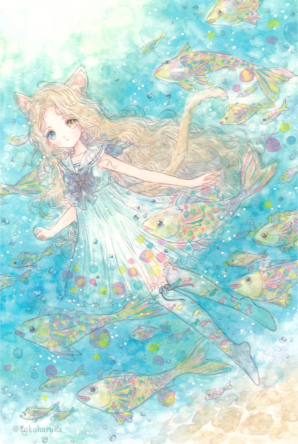 1girl animal animal_ears animal_print aqua_background aqua_theme blue_eyes blue_ribbon cat_ears cat_girl cat_tail day dress fio_(nier) fish fish_print heterochromia light_brown_hair original ribbon sailor_dress sleeveless sunlight swimming tail takanashi_tsubasa underwater wavy_hair white_dress yellow_eyes