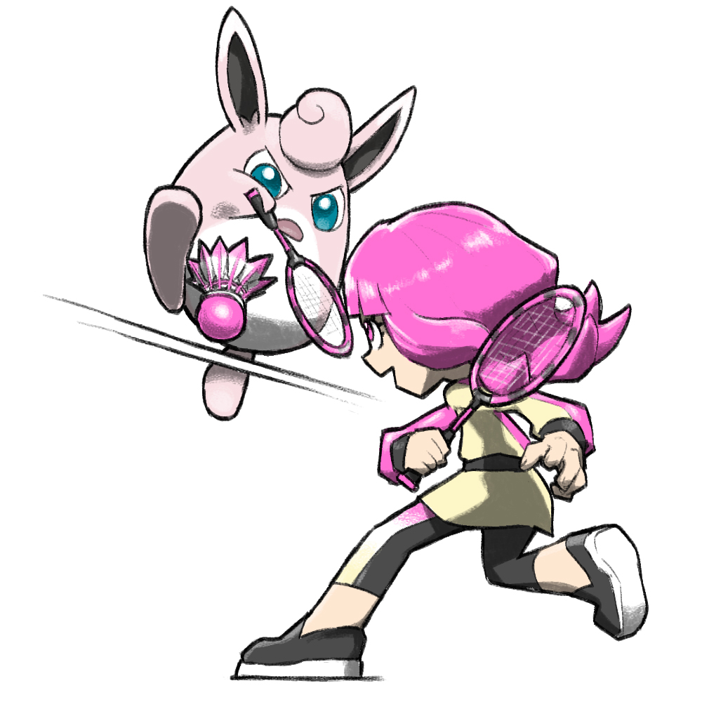 1girl badminton badminton_racket bangs black_sash blacknirrow blunt_bangs dress english_commentary eyelashes leg_up leggings long_hair long_sleeves open_mouth pink_eyes pink_hair pokemon pokemon_(creature) puffy_long_sleeves puffy_sleeves racket sash shoes short_dress shuttlecock simple_background smile white_background wigglytuff