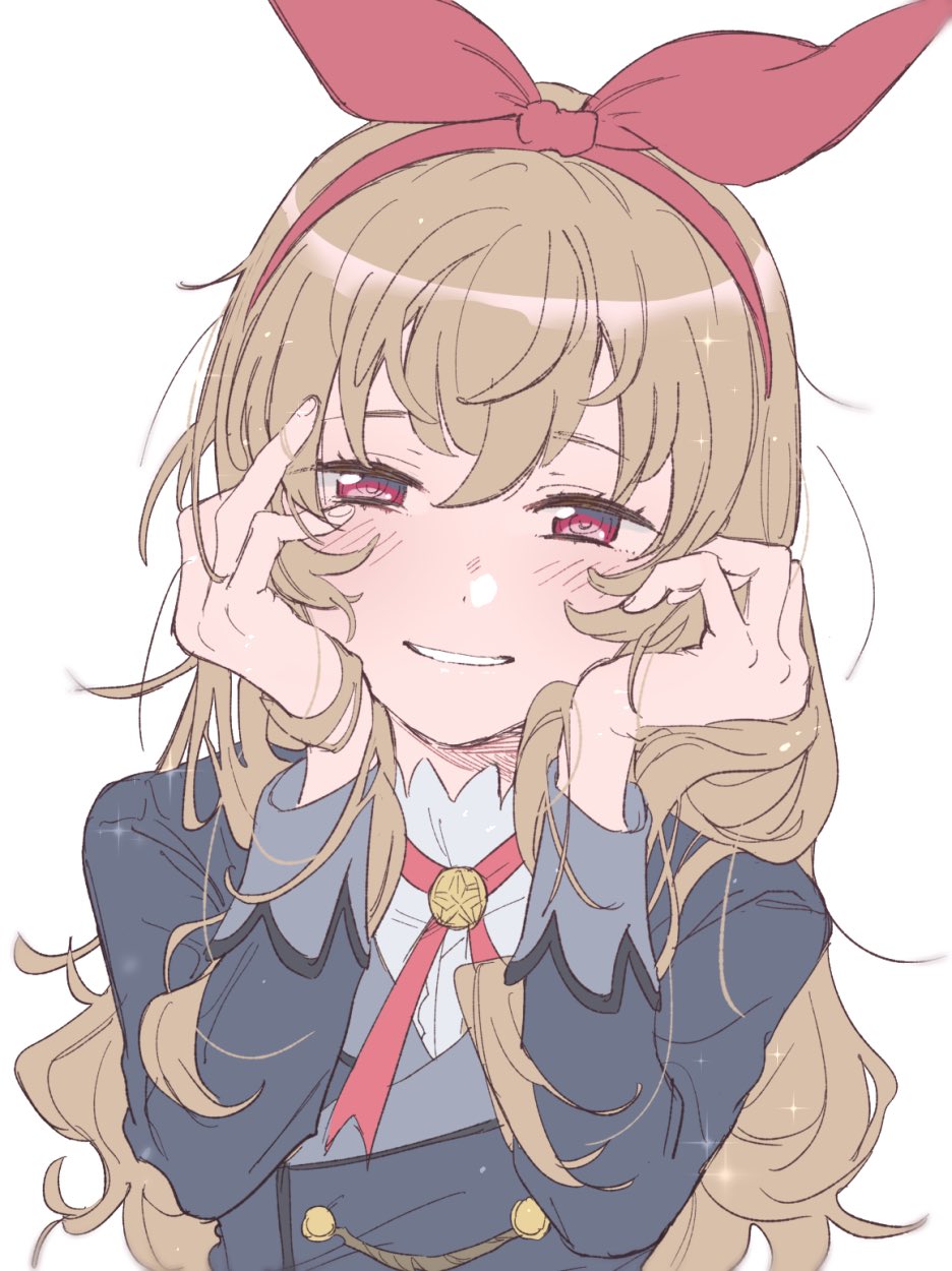 aikatsu! aikatsu!_(series) bad_link blonde_hair blush bow bow_hairband curly_hair hair_bow hairband hands_on_own_face highres hoshimiya_ichigo long_hair red_bow red_eyes shiontaso teeth