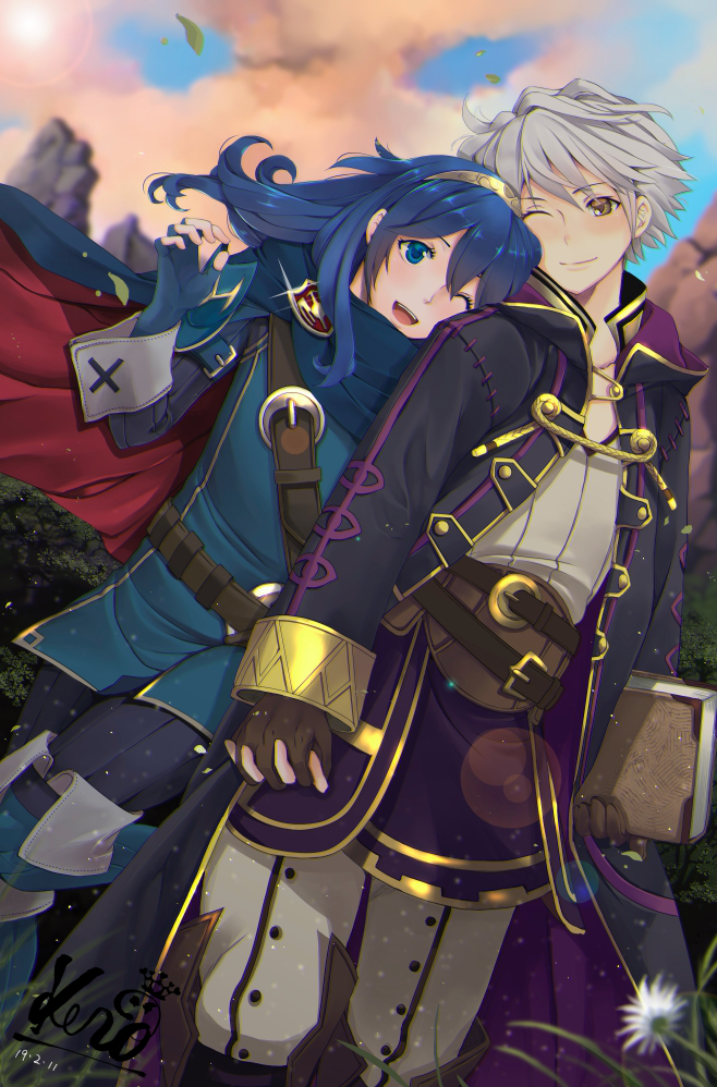 1boy 1girl armor belt black_robe blue_cape blue_eyes blue_gloves blue_hair blush book brown_belt brown_eyes brown_gloves cape closed_mouth clouds commentary dated fingerless_gloves fire_emblem fire_emblem_awakening gloves hetero holding holding_book holding_hands hood hood_down hooded_robe kero_sweet long_hair long_sleeves lucina_(fire_emblem) multiple_belts one_eye_closed open_clothes open_mouth open_robe outdoors pants red_cape robe robin_(fire_emblem) robin_(fire_emblem)_(male) shirt short_hair shoulder_armor signature sky smile teeth tiara two-tone_cape upper_teeth white_hair white_pants white_shirt