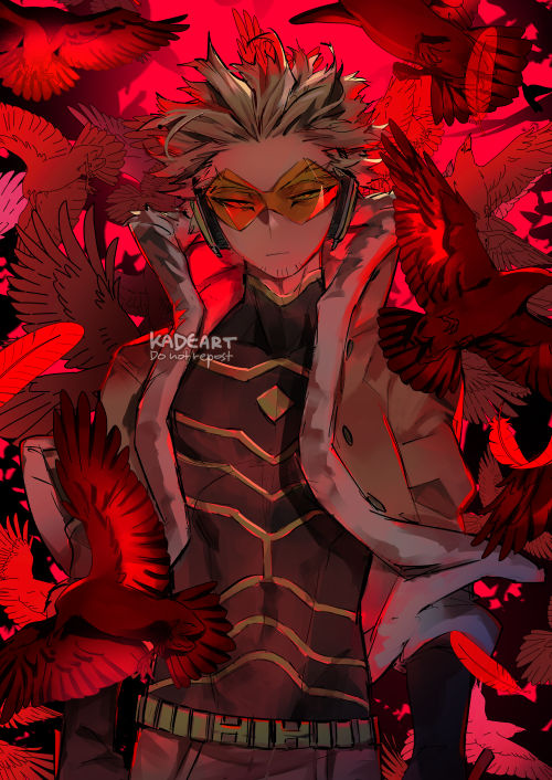 1boy belt bird boku_no_hero_academia closed_mouth feathers flying glasses hawks_(boku_no_hero_academia) headphones jacket kadeart looking_at_viewer male_focus red_feathers red_theme serious shirt solo upper_body