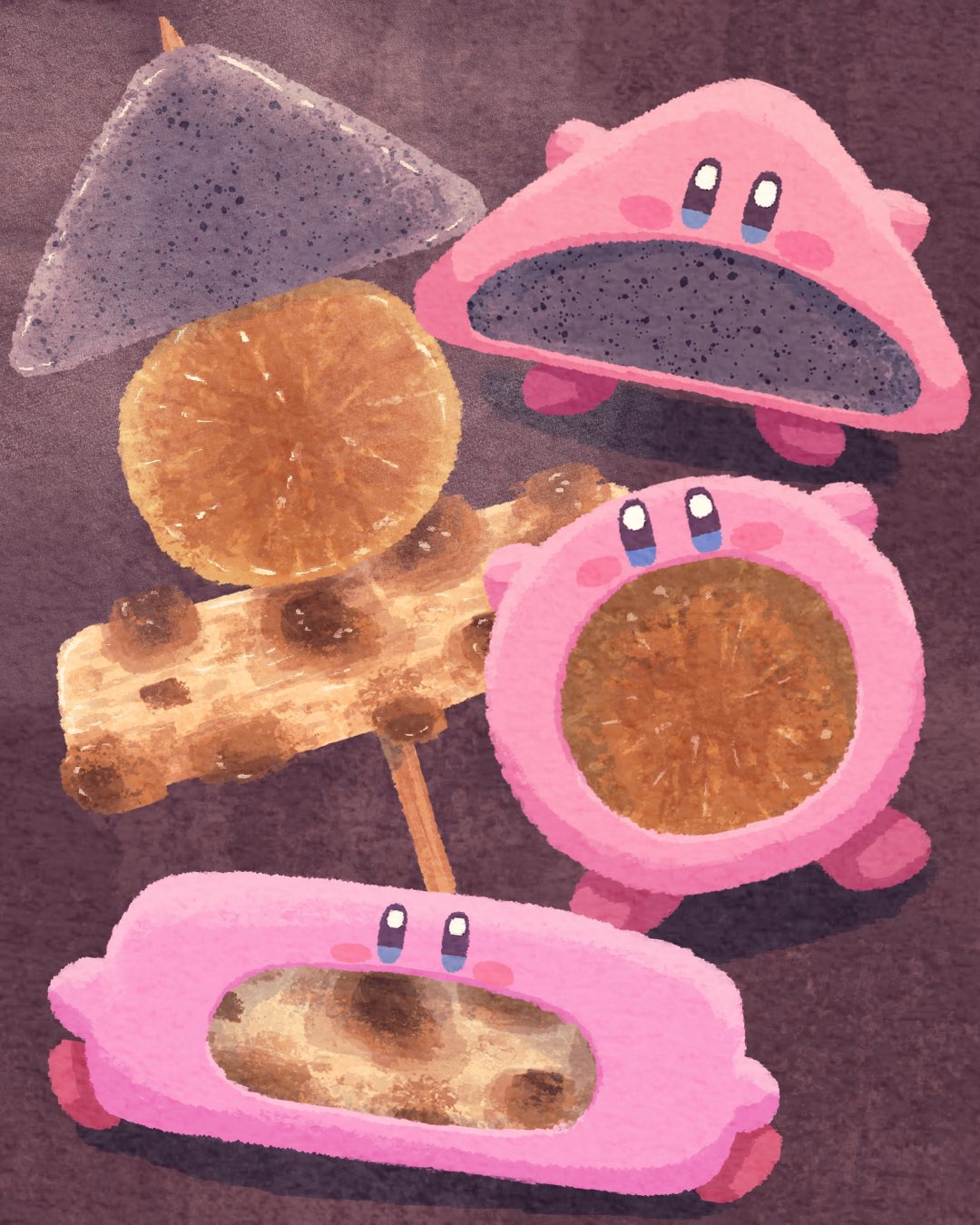 blue_eyes blush blush_stickers brown_background chikuwa commentary_request daikon food food_in_mouth highres kirby kirby_(series) konnyaku_(food) looking_at_viewer miclot mouthful_mode no_humans oden open_mouth pink_footwear radish shoes skewer