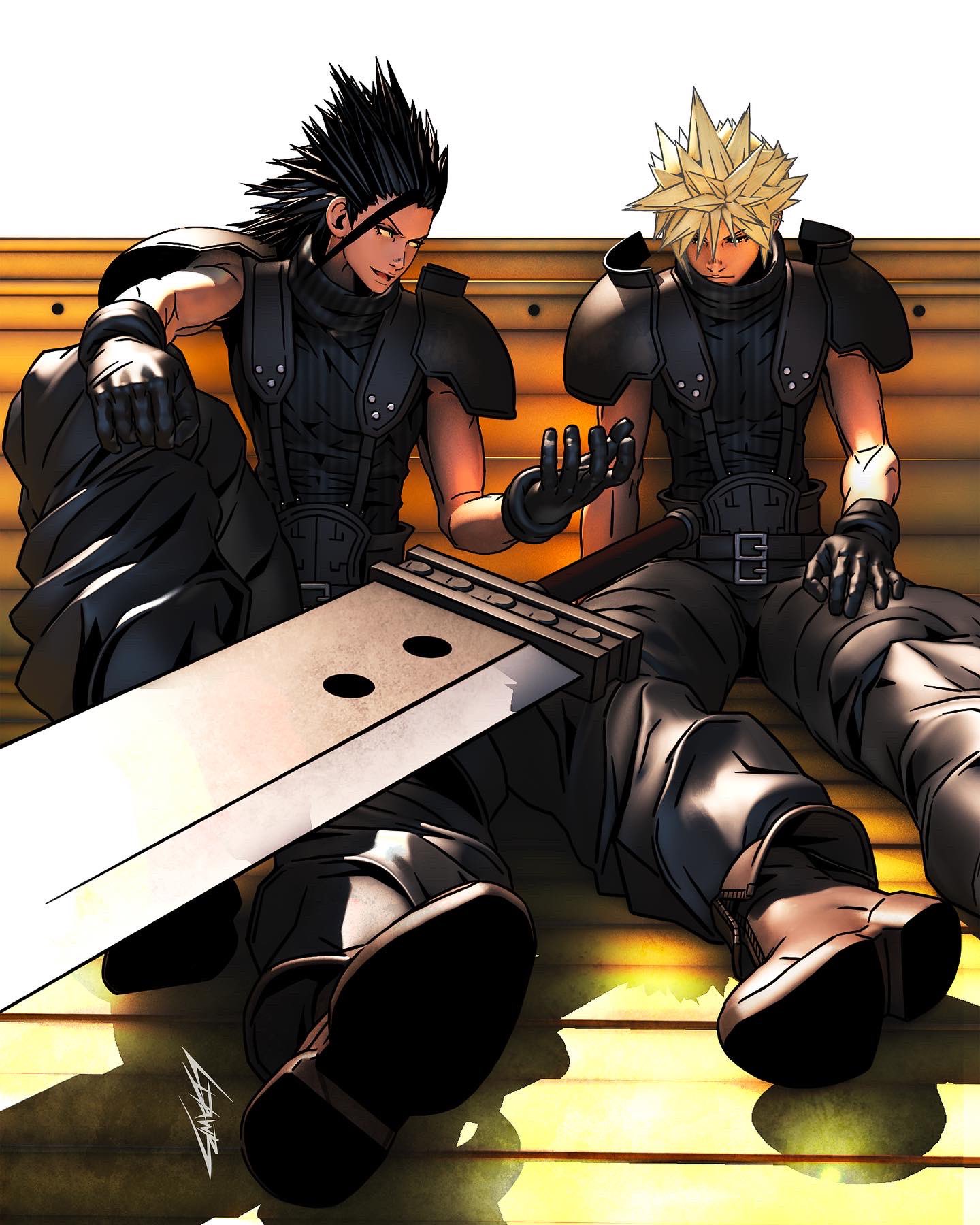 2boys armor baggy_pants belt black_gloves blue_shirt boots brown_footwear buster_sword closed_mouth cloud_strife crisis_core_final_fantasy_vii final_fantasy final_fantasy_vii full_body gloves ground_vehicle hair_between_eyes hair_slicked_back highres ldawb looking_at_another looking_down male_focus medium_hair motor_vehicle multiple_belts multiple_boys open_mouth pants pickup_truck shirt short_hair shoulder_armor signature sitting sleeveless sleeveless_turtleneck smile spiky_hair talking toned toned_male truck turtleneck white_background zack_fair