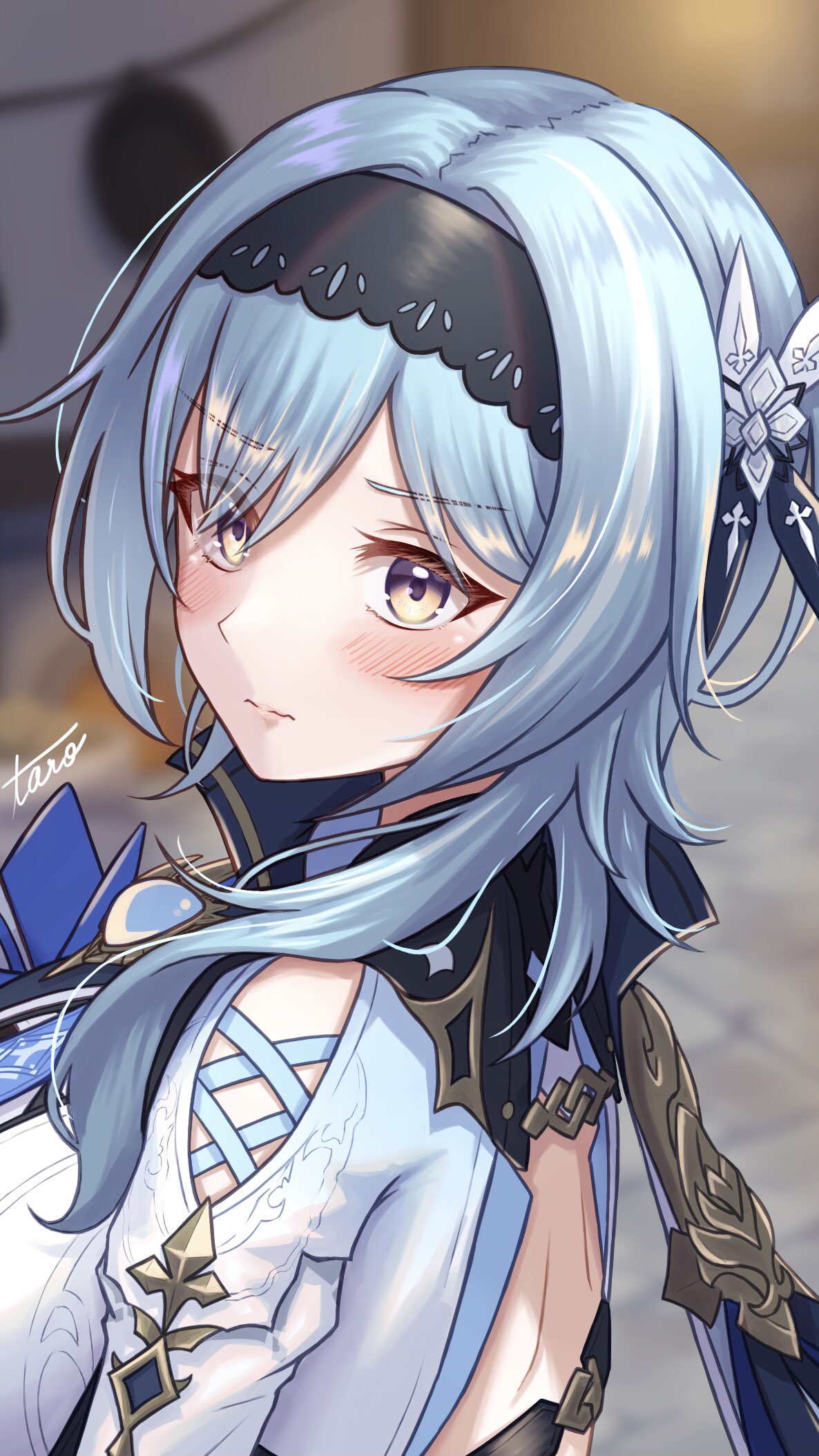 1girl backless_outfit bangs blue_hair blush cropped eula_(genshin_impact) genshin_impact green_eyes highres lace-trimmed_headwear lace_trim light_blue_hair lips medium_hair solo taro_(peach_taro51) watermark