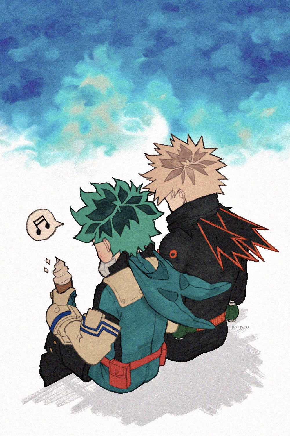 2boys bakugou_katsuki belt black_bodysuit blonde_hair bodysuit boku_no_hero_academia commentary_request food freckles from_behind gaagyeo gloves green_bodysuit green_hair highres holding holding_food holding_ice_cream hood hood_down hooded_bodysuit ice_cream ice_cream_cone korean_commentary male_focus midoriya_izuku multiple_boys musical_note short_hair sitting spiky_hair spoken_musical_note twitter_username white_background white_gloves