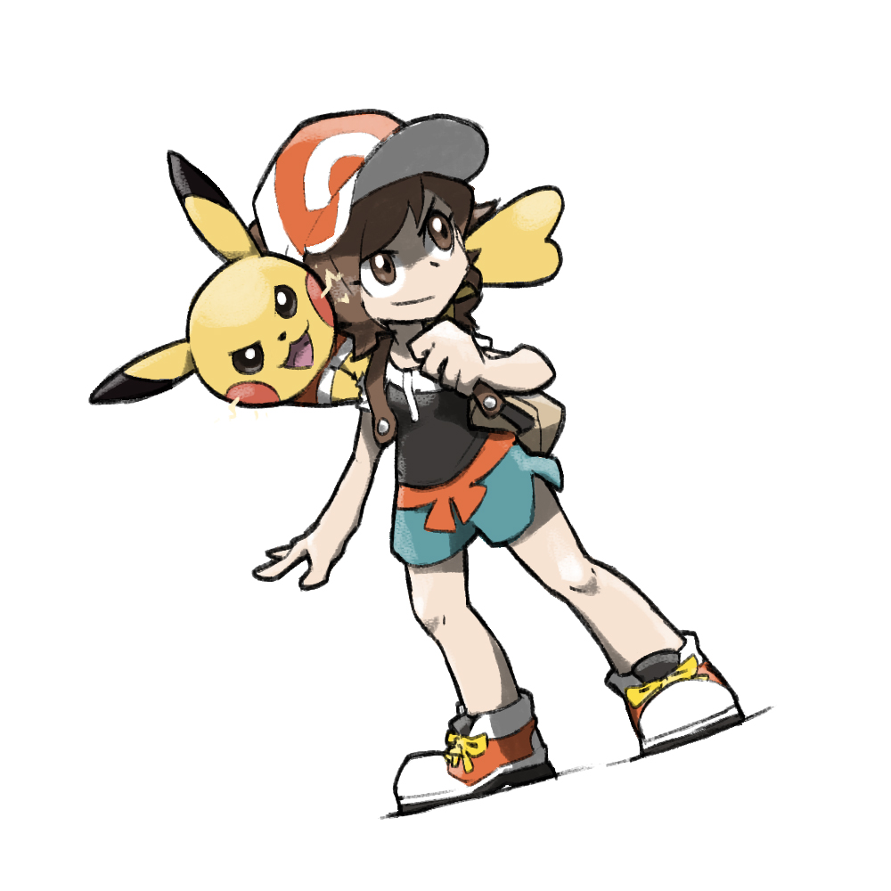 1girl backpack bag baseball_cap black_footwear black_shirt blacknirrow blue_shorts brown_bag brown_eyes brown_hair closed_mouth elaine_(pokemon) electricity english_commentary full_body hat legs_apart looking_away multicolored_footwear on_shoulder orange_footwear orange_headwear pikachu pokemon pokemon_(creature) pokemon_(game) pokemon_lgpe pokemon_on_shoulder shirt shoelaces shoes short_hair short_sleeves shorts simple_background smile sneakers standing two-tone_headwear two-tone_shirt v-shaped_eyebrows white_background white_footwear white_headwear white_shirt