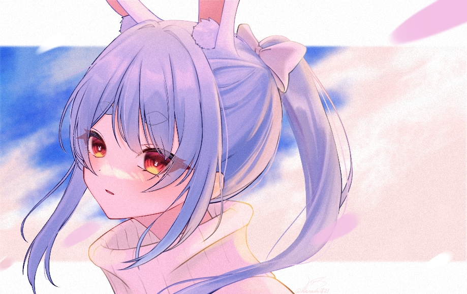 1girl alternate_hairstyle animal_ear_fluff animal_ears blue_hair bow bunny-shaped_pupils commentary hair_bow hana_s hikimayu hololive long_hair orange_eyes ponytail rabbit_ears rabbit_girl short_eyebrows sweater symbol-shaped_pupils thick_eyebrows turtleneck turtleneck_sweater upper_body usada_pekora virtual_youtuber white_bow