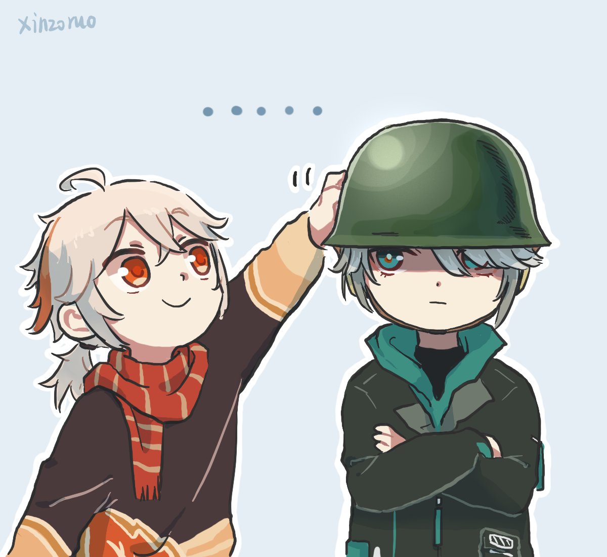 ... 2boys alhaitham_(genshin_impact) alternate_costume bangs casual commentary contemporary crossed_arms english_commentary genshin_impact green_eyes grey_hair hair_over_one_eye helmet jacket kaedehara_kazuha long_hair looking_at_another low_ponytail military_helmet multicolored_hair multiple_boys red_eyes sidelocks simple_background streaked_hair xinzoruo