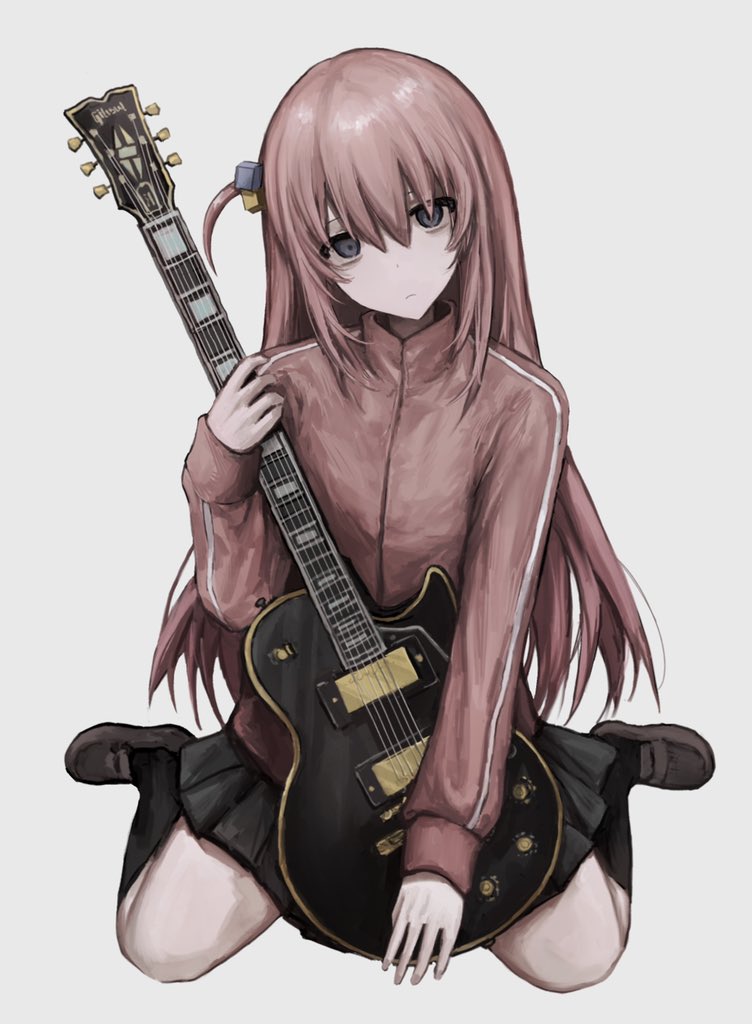 1girl bangs black_socks blue_eyes bocchi_the_rock! brown_footwear chan8016 electric_guitar full_body gibson_les_paul gotou_hitori grey_skirt guitar hair_between_eyes hair_cubes hair_ornament hair_over_eyes holding holding_instrument instrument jacket jersey loafers long_hair one_side_up pink_hair pink_jacket pleated_skirt shoes sitting skirt socks solo track_jacket