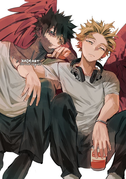 2boys black_hair black_pants blonde_hair blue_eyes boku_no_hero_academia burn_scar dabi_(boku_no_hero_academia) feathered_wings hawks_(boku_no_hero_academia) headphones headphones_around_neck kadeart looking_at_viewer male_focus multiple_boys pants scar shirt simple_background sitting spiky_hair stitches white_background white_shirt wings