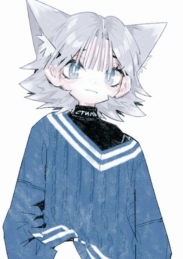 ambiguous_gender animal_ear_fluff animal_ears bangs black_shirt blue_eyes blue_sweater cat_ears grey_hair long_sleeves looking_at_viewer maymay_pic original shirt short_hair simple_background solo sweater upper_body v-neck