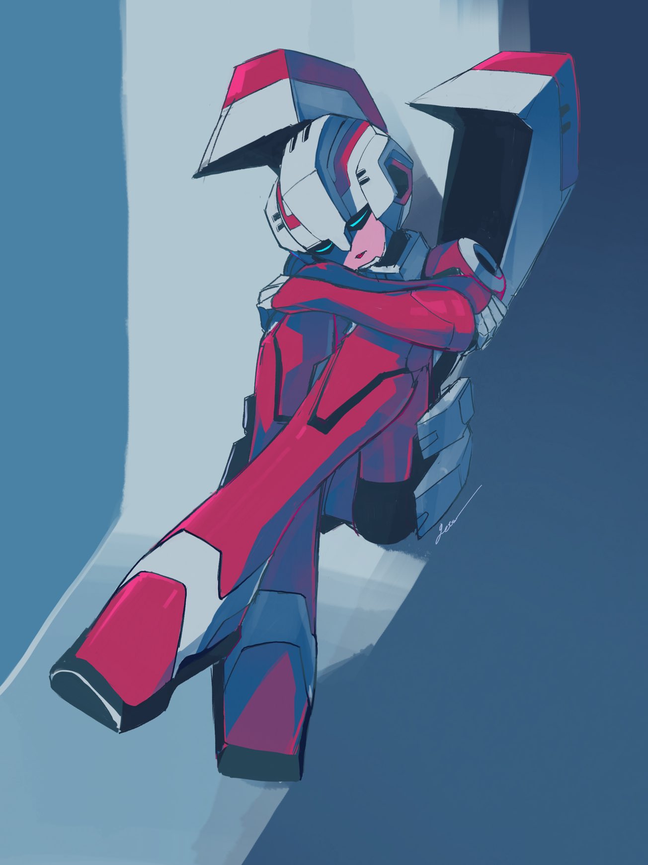 1girl arcee autobot blue_background blue_eyes crossed_legs curled_up hand_on_own_knee highres looking_down mecha red_lips robot science_fiction seikaigetsu signature sitting solo transformers transformers_animated