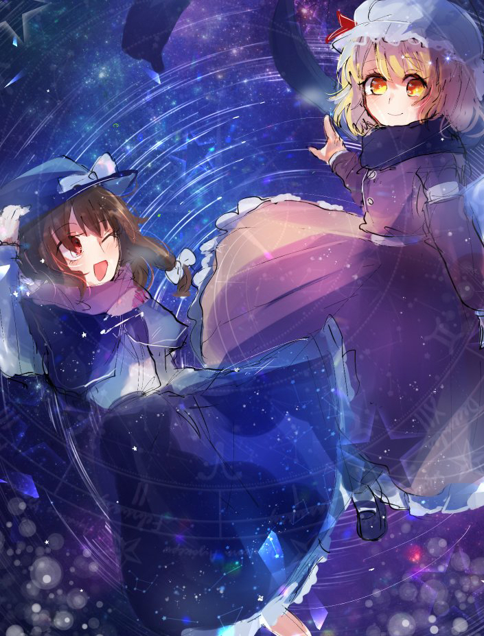 2girls ;d black_headwear black_scarf blonde_hair blue_capelet blue_skirt blush bow brown_hair capelet commentary_request dress eye_contact hair_bow hat hat_bow hat_ribbon long_sleeves looking_at_another looking_at_viewer magic_circle maribel_hearn mob_cap moyashi_(oekaki_touhou) multiple_girls night night_sky one_eye_closed open_mouth outdoors pink_scarf purple_dress red_eyes red_ribbon ribbon scarf shirt short_hair sketch skirt sky smile space star_(sky) starry_sky touhou usami_renko white_bow white_headwear white_shirt yellow_eyes