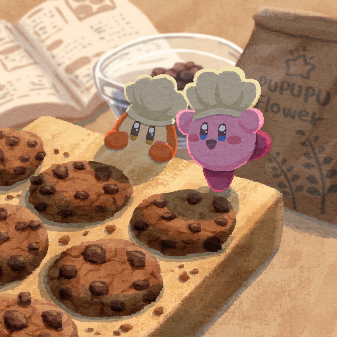 :d arms_up bag blue_eyes blush blush_stickers book bowl brown_eyes chef_hat chocolate chocolate_chip_cookie commentary_request cookbook cookie counter crumbs flour food hat highres indoors kirby kirby_(series) miclot no_humans open_book open_mouth pink_footwear shoes smile standing standing_on_one_leg waddle_dee white_headwear