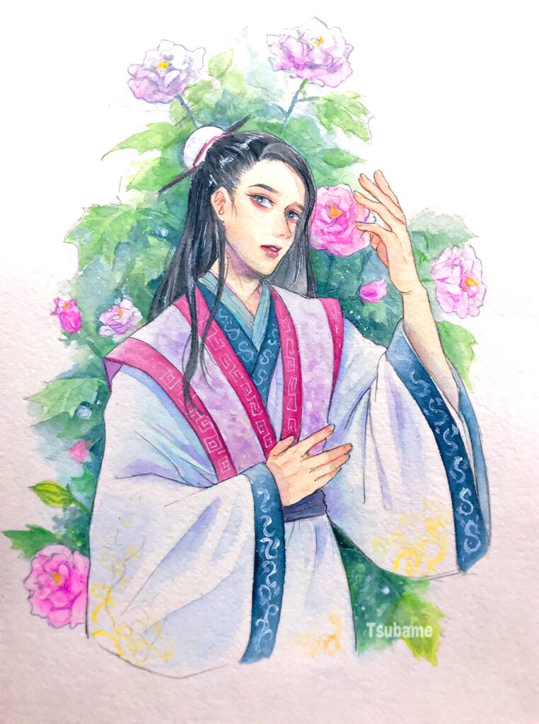 1boy artist_name black_eyes black_hair chinese_clothes day flower hair_ornament hair_stick hand_up hanfu long_hair looking_at_viewer male_focus original outdoors painting_(medium) solo standing traditional_media watercolor_(medium) wide_sleeves yamatotsubame