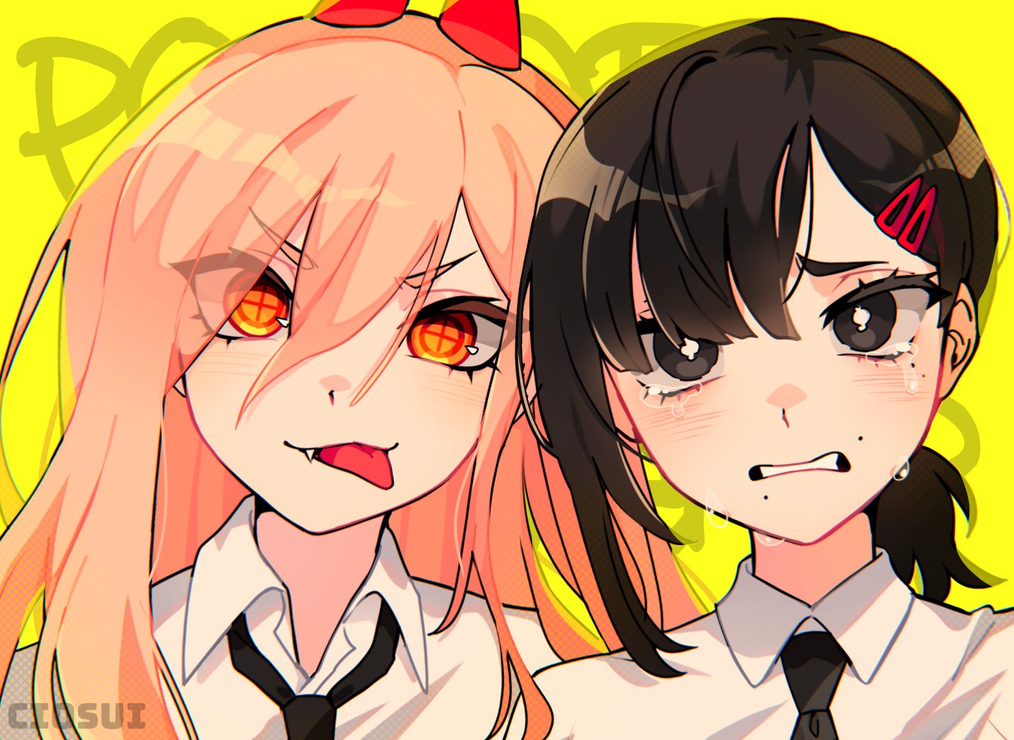 2girls black_eyes black_hair blonde_hair blush chainsaw_man ciosuii clenched_teeth cross-shaped_pupils crying crying_with_eyes_open fang hair_between_eyes hair_ornament hairclip higashiyama_kobeni horns long_hair looking_at_viewer low_ponytail multiple_girls necktie orange_eyes power_(chainsaw_man) red_horns shirt symbol-shaped_pupils tears teeth tongue tongue_out white_shirt