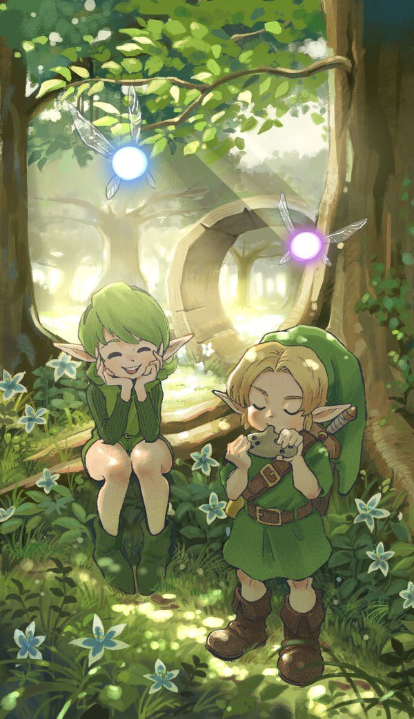 1boy 1girl blonde_hair brown_footwear closed_eyes clover commentary commentary_request dappled_sunlight day fairy fairy_wings fantasy female_child forest fujiwara_yoshito full_body green_footwear green_hair green_headwear green_tunic hand_on_own_face hat link listening_to_music male_child nature navi on_grass open_mouth outdoors playing_flute pointy_ears saria_(the_legend_of_zelda) short_hair sitting standing sunlight teeth the_legend_of_zelda tree upper_teeth wings