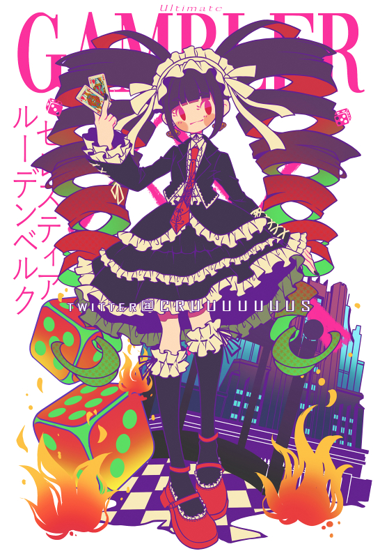 1girl artist_name bangs black_hair black_jacket black_skirt black_socks blush_stickers building card celestia_ludenberg center_frills criis-chan danganronpa:_trigger_happy_havoc danganronpa_(series) dice drill_hair fire frilled_skirt frills full_body green_hair holding holding_card jacket kneehighs layered_skirt long_hair long_sleeves looking_at_viewer necktie open_clothes open_jacket playing_card red_eyes red_footwear red_necktie redhead shoes skirt smile socks solo translation_request twin_drills twintails
