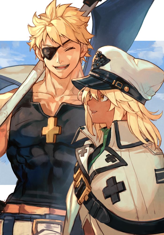 1boy 1girl belt blonde_hair blue_sky border closed_eyes collarbone cross dark-skinned_female dark_skin english_text eyepatch flag guilty_gear guilty_gear_strive hankuri hat long_hair military_hat muscular muscular_male open_mouth orange_eyes pectorals ramlethal_valentine short_hair sin_kiske sky smile teeth white_border