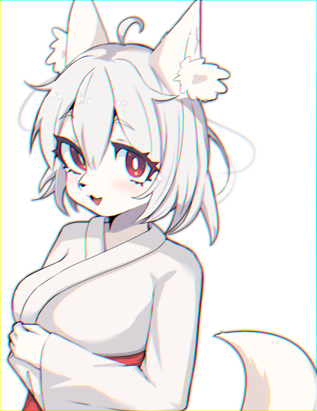 1girl :3 animal_ear_fluff animal_ears animal_nose bangs body_fur breasts bright_pupils chatora_(0-furry-beast-0) fang fox_ears fox_girl fox_tail furry furry_female japanese_clothes kimono looking_at_viewer medium_breasts miko open_mouth original red_eyes short_hair solo tail white_background white_fur white_hair white_kimono white_pupils