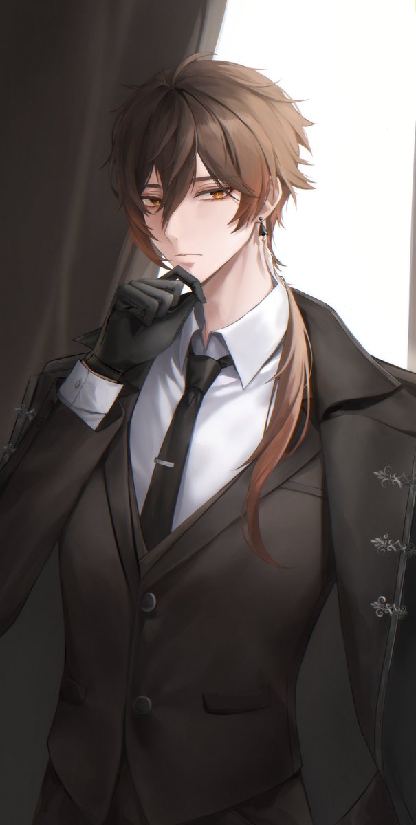 1boy backlighting bangs black_coat black_gloves black_necktie black_pants black_suit brown_hair closed_mouth coat collared_shirt curtains ear_piercing formal genshin_impact gloves hand_on_own_face highres long_hair long_sleeves looking_at_viewer male_focus necktie open_clothes open_coat orange_eyes pants piercing serious shirt solo standing suit upper_body white_shirt youwon0417 zhongli_(genshin_impact)