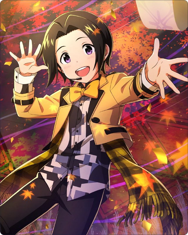 1boy autumn_leaves black_hair blush bow bowtie buttons idolmaster idolmaster_side-m idolmaster_side-m_growing_stars long_sleeves looking_at_viewer male_child male_focus official_art okamura_nao open_hands open_mouth orange_bow orange_bowtie scarf teeth undershirt upper_teeth violet_eyes