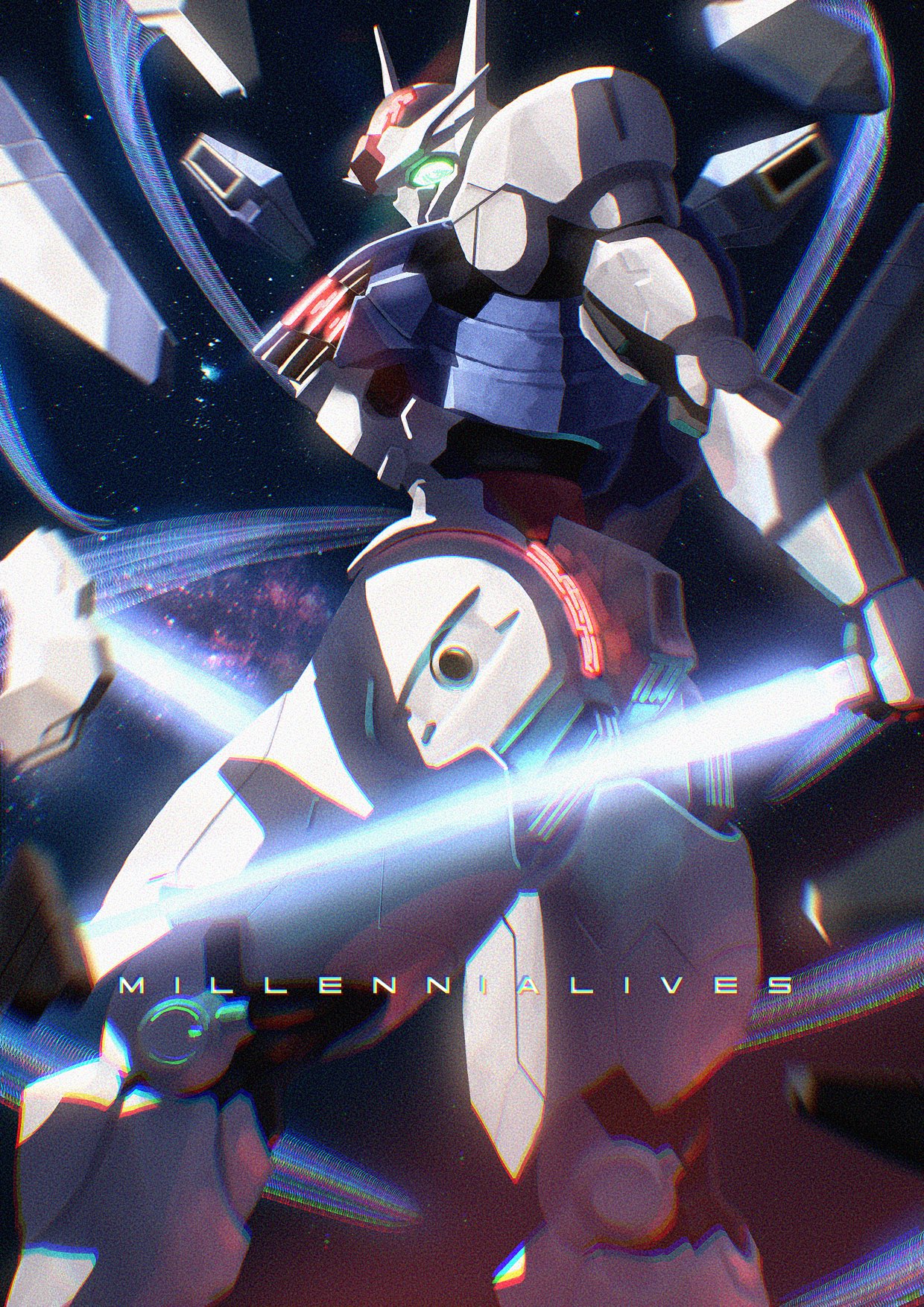 artist_name beam_saber english_commentary from_side funnels_(gundam) glowing glowing_eye green_eyes gundam gundam_aerial gundam_suisei_no_majo highres holding holding_sword holding_weapon mecha millenlives mobile_suit no_humans robot science_fiction solo space sword v-fin weapon