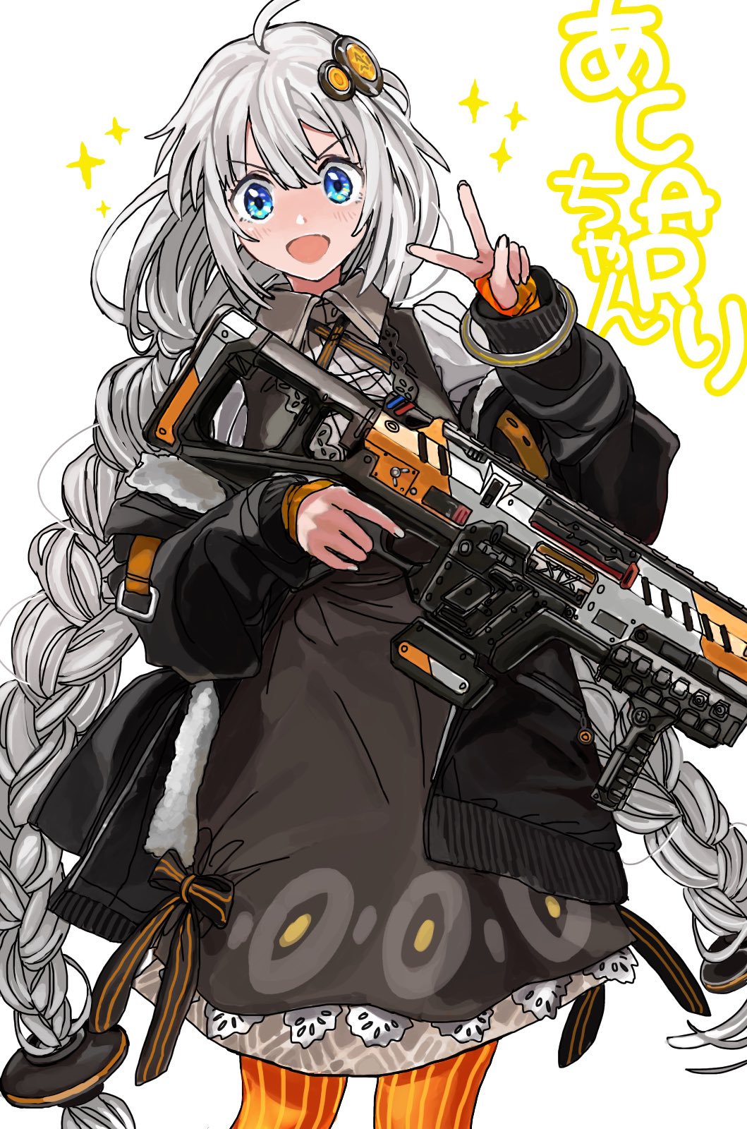 1girl bangs black_dress black_jacket braid c.a.r._smg character_name collared_shirt commentary cowboy_shot crossover dress grey_hair grey_shirt gun hair_ornament highres holding holding_gun holding_weapon jacket kizuna_akari kotone_a leaning_to_the_side long_hair open_mouth orange_pantyhose pantyhose pun shirt smile solo sparkle striped striped_pantyhose submachine_gun titanfall_(series) titanfall_2 trigger_discipline twin_braids v-shaped_eyebrows very_long_hair voiceroid weapon