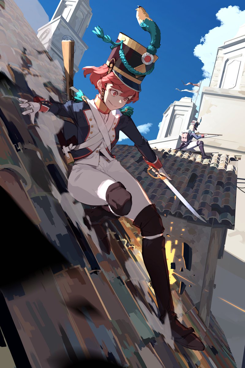 1girl antique_firearm blue_sky buttons epaulettes french_army gun hat highres holding holding_sword holding_weapon military military_uniform on_roof original pants pink_hair seuhyo99 shako_cap sky sword uniform weapon white_pants