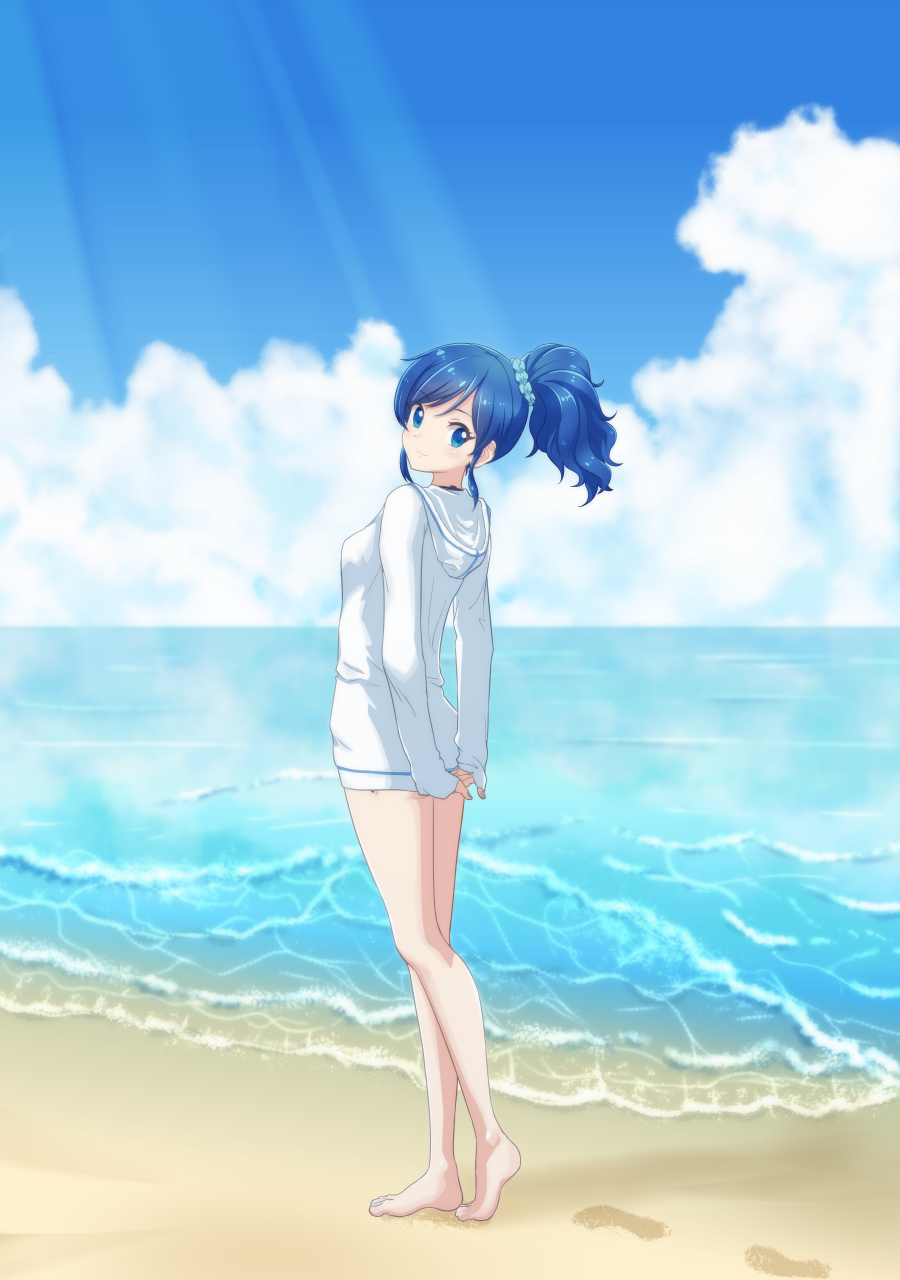 1girl aikatsu! aikatsu!_(series) arms_behind_back bare_legs barefoot beach blue_eyes blue_hair blue_scrunchie blue_sky blush closed_mouth clouds day footprints from_side hair_ornament hair_scrunchie highres hood hood_down hooded_jacket jacket kiriya_aoi long_hair looking_at_viewer looking_back ocean outdoors piyotori ponytail scrunchie shiny shiny_hair sky smile solo summer sunlight walking white_jacket