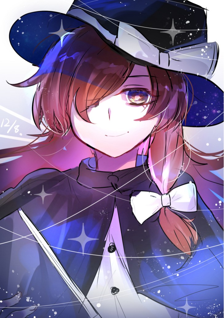 1girl ;) black_capelet black_headwear book bow brown_hair capelet closed_mouth commentary_request hair_bow hair_over_one_eye hat hat_bow holding holding_book long_hair looking_at_viewer moyashi_(oekaki_touhou) multicolored_eyes one_eye_closed one_eye_covered shirt sky smile solo star_(sky) star_(symbol) starry_sky starry_sky_print touhou upper_body usami_renko white_bow white_shirt