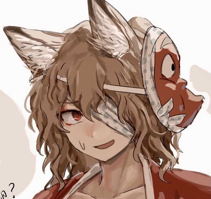 1other ametsukana_yago androgynous animal_ears bandage_over_one_eye brown_hair commentary_request hemo_(hemoroda) hyottoko_mask japanese_clothes kemonomimi_mode kimono len'en mask mask_on_head medium_hair nervous_smile open_mouth other_focus portrait red_eyes red_kimono simple_background smile solo sweat white_background wolf_ears