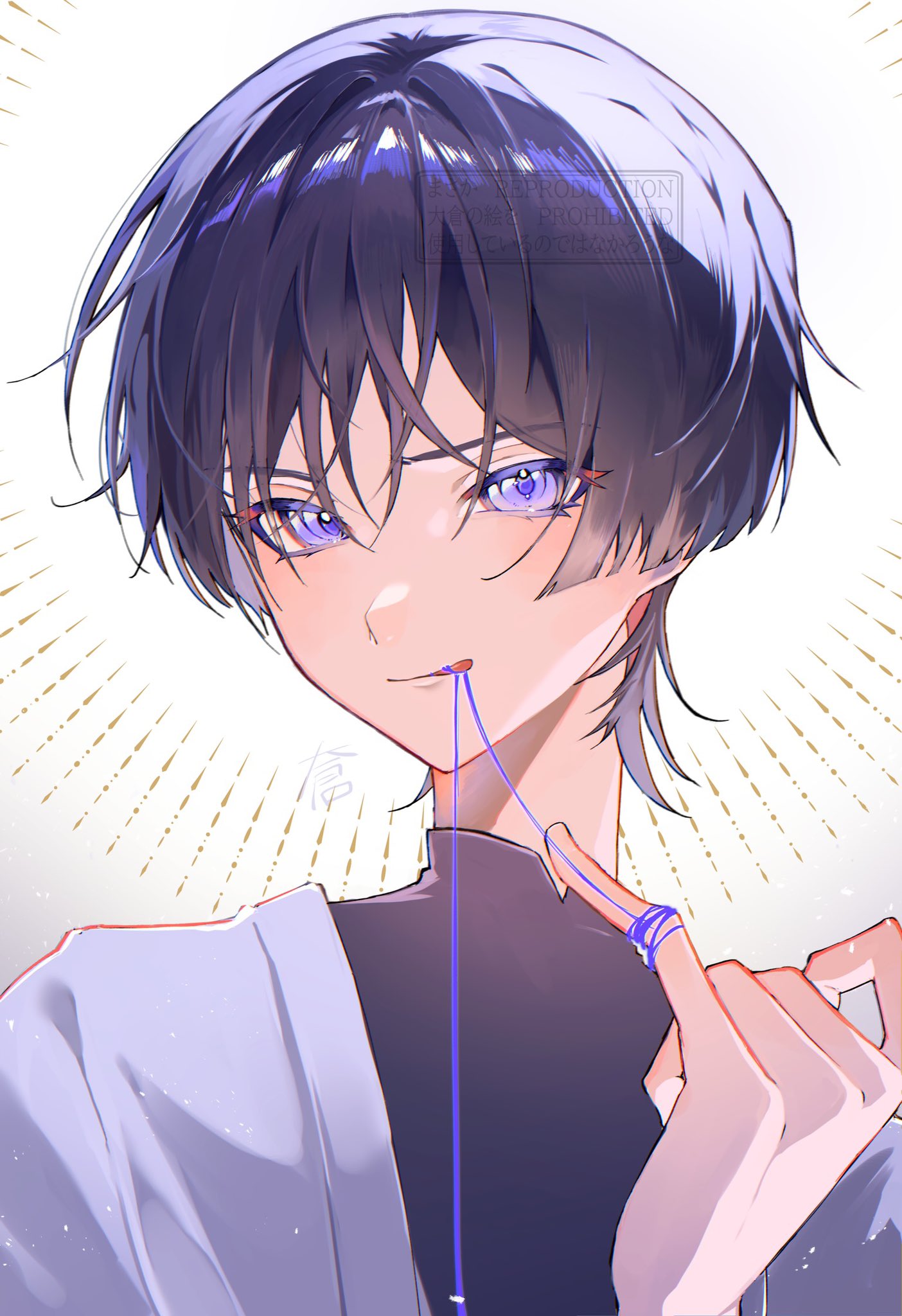 1boy bangs black_hair black_shirt blunt_ends blush closed_mouth commentary_request eyelashes eyeshadow genshin_impact gradient gradient_background hair_between_eyes hand_up highres index_finger_raised jacket looking_at_viewer makeup male_focus nero_hanken off_shoulder parted_bangs red_eyeshadow scaramouche_(genshin_impact) shirt short_hair sidelocks simple_background smile solo string string_around_neck tongue tongue_out upper_body violet_eyes wanderer_(genshin_impact) watermark white_jacket