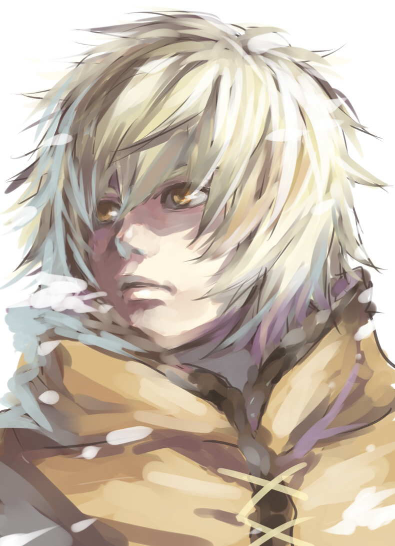 1boy blonde_hair breath closed_mouth looking_away male_focus portrait shiromi_(ringo) short_hair snowing solo thorfinn tunic turning_head viking vinland_saga white_background yellow_eyes