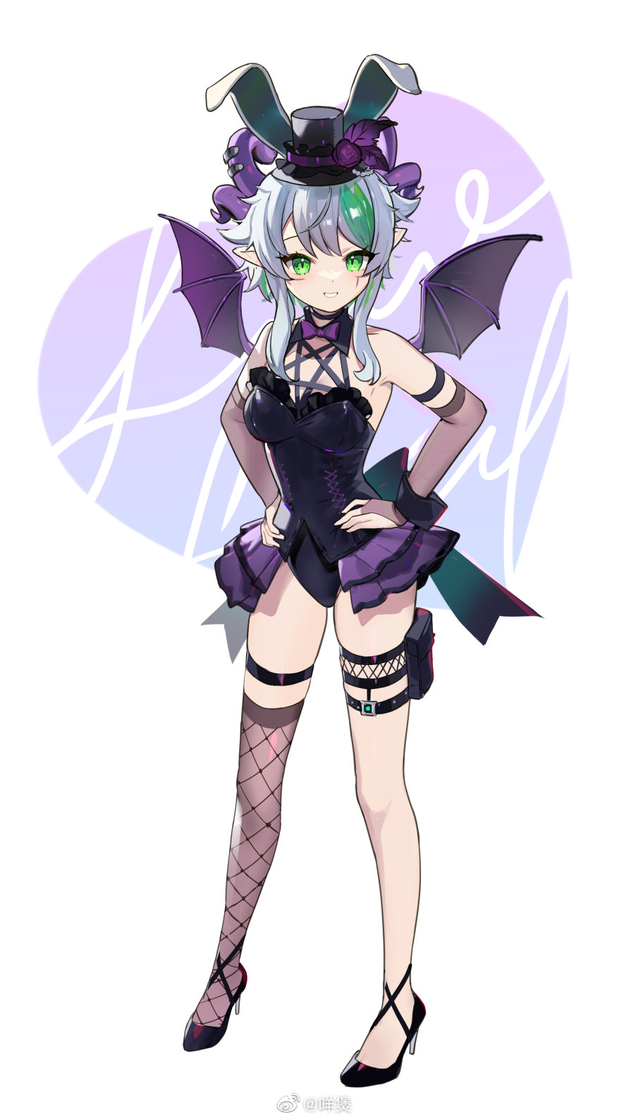 1girl animal_ears back_bow belt_pouch black_bridal_gauntlets black_collar black_footwear black_gloves black_leotard bow breasts bsapricot_(vtuber) collar demon_horns demon_wings elbow_gloves fishnet_thighhighs fishnets full_body gloves green_hair grey_hair grin hands_on_hips hat heart heart_background high_heels highres horn_piercing horns leotard looking_at_viewer miebao mini_hat mini_top_hat multicolored_hair multiple_straps playboy_bunny pointy_ears pouch purple_horns rabbit_ears short_hair_with_long_locks single_thighhigh smile solo standing teeth thigh-highs thighlet top_hat two-tone_hair virtual_youtuber vshojo white_background wings