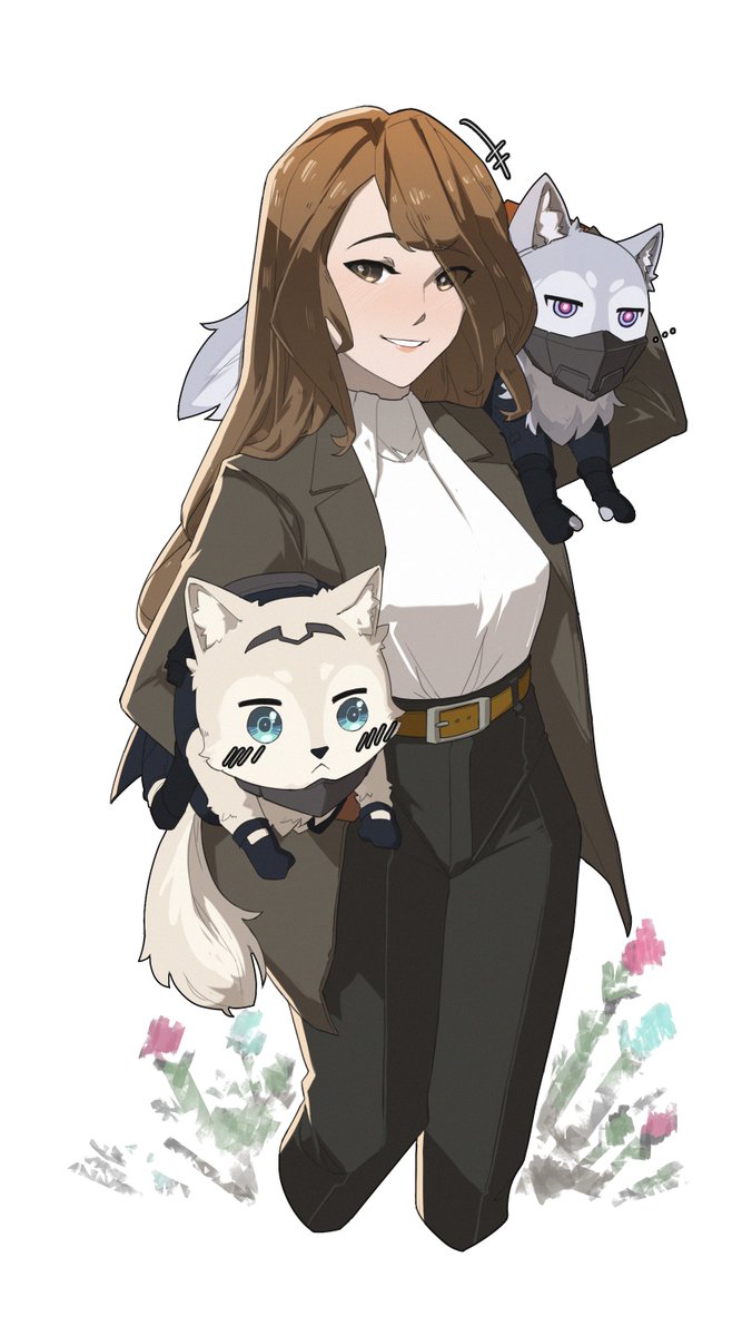 1girl 2others ak-15_(girls'_frontline) an-94_(girls'_frontline) animalization belt brown_hair carrying carrying_over_shoulder carrying_under_arm girls_frontline highres jacket long_hair mask multiple_others romy_riefenstahl smile variasii wolf