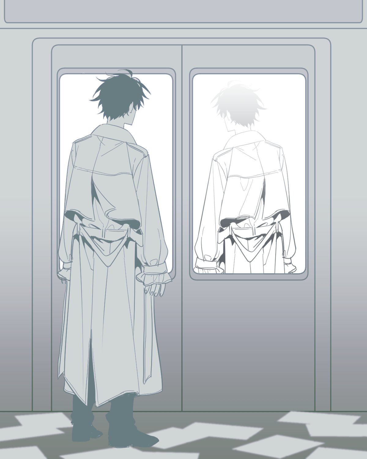 2boys 999_mandu coat commentary_request from_behind full_body greyscale highres kim_dokja korean_commentary long_sleeves looking_outside male_focus monochrome multiple_boys omniscient_reader's_viewpoint pants paper shoes short_hair standing train_interior