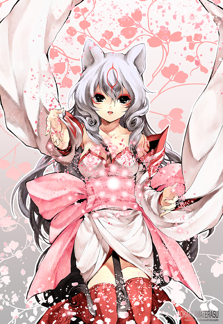 amaterasu animal_ears bow cherry_blossoms flower japanese_clothes kaze-hime kimono long_hair okami personification petals solo tail thigh-highs thighhighs very_long_hair white_hair wide_sleeves wolf_ears wolf_tail
