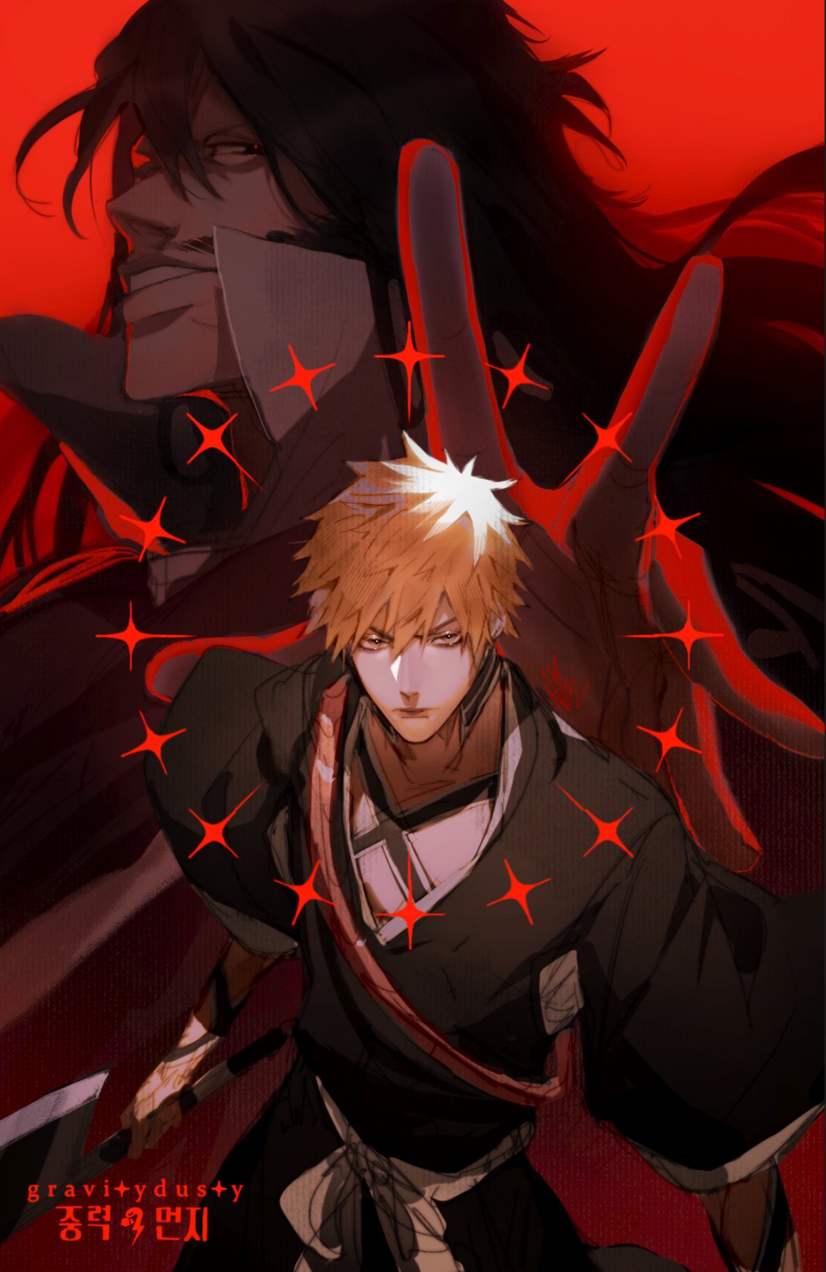 2boys artist_name black_hair black_kimono bleach cowboy_shot facial_hair gravitydusty hair_between_eyes highres holding holding_sword holding_weapon japanese_clothes kimono kurosaki_ichigo long_hair looking_at_viewer male_focus multiple_boys mustache orange_eyes orange_hair outstretched_hand parted_lips popped_collar red_background short_hair spiky_hair sword upper_body weapon wide_sleeves yhwach