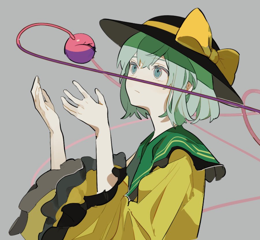 1girl :/ black_headwear blouse bow closed_mouth commentary frilled_shirt_collar frilled_sleeves frills green_eyes green_hair grey_background hands_up hat hat_bow jusbithxu7 komeiji_koishi long_sleeves looking_up shirt short_hair simple_background solo third_eye touhou upper_body wide_sleeves yellow_bow yellow_shirt